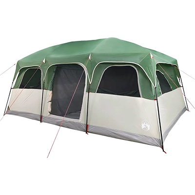Spacious green cabin-style family tent with vertical walls and multiple room dividers, suitable for 10 people