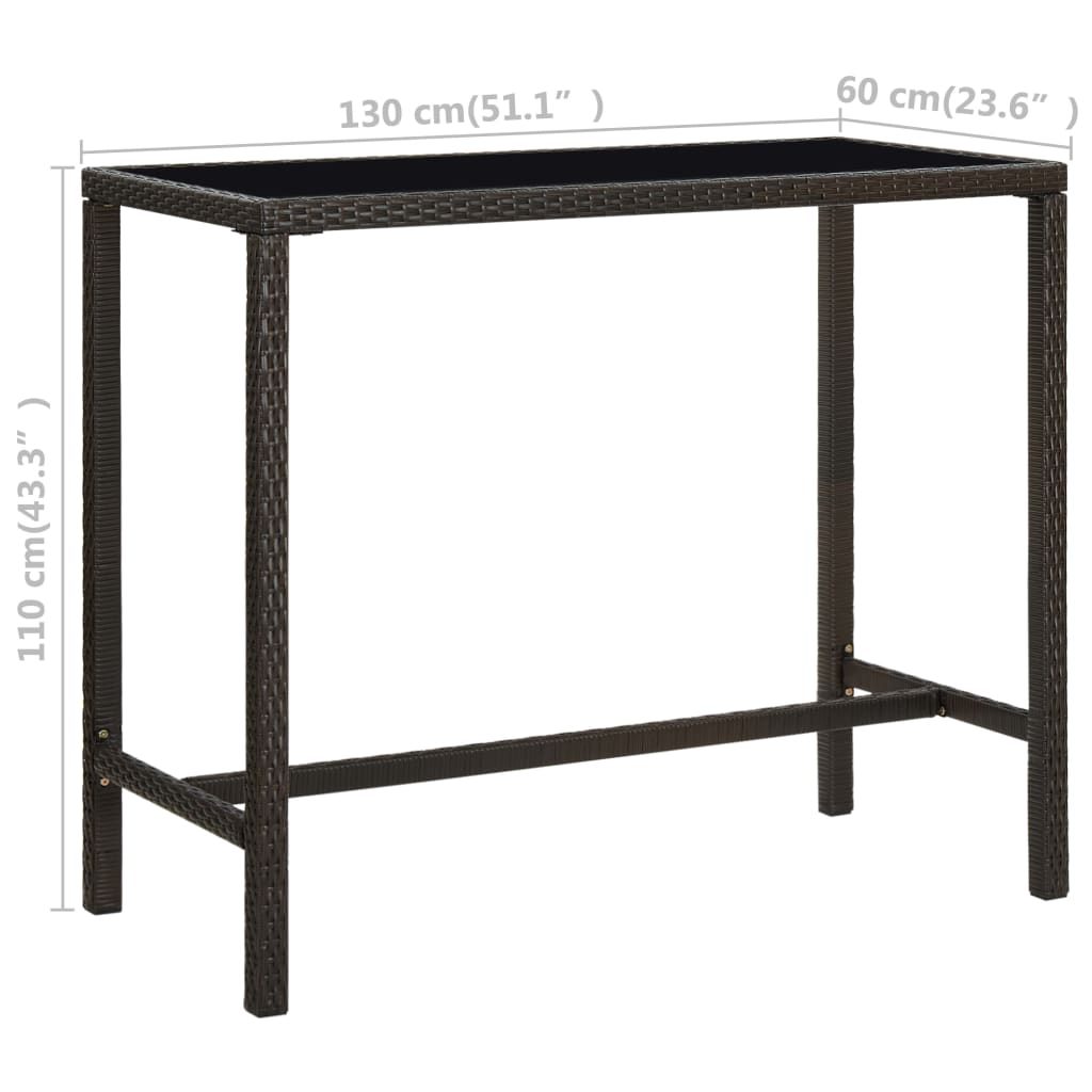 vidaXL ガーデンバーテーブル ブラウン 130x60x110 cm ポリラタン＆ガラス製