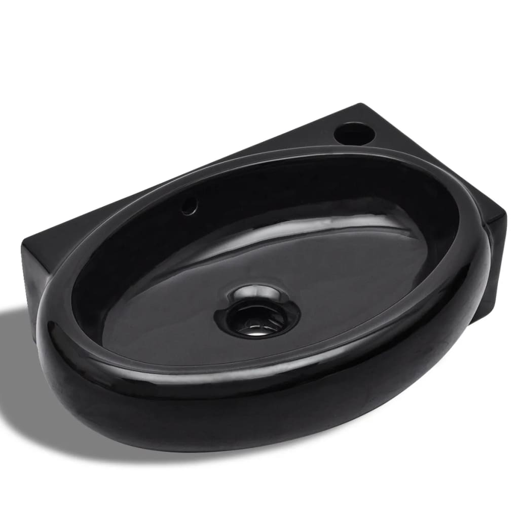 vidaXL バスルーム用 洗面ボウル 蛇口穴/オーバーフロー付き 陶器製 丸型 ブラック