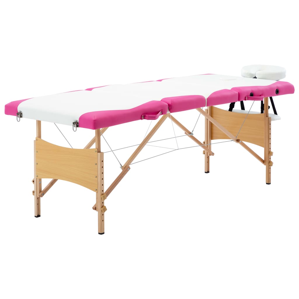 vidaXL 折りたたみ式マッサージテーブル 四つ折り 木製 ホワイト＆ピンク