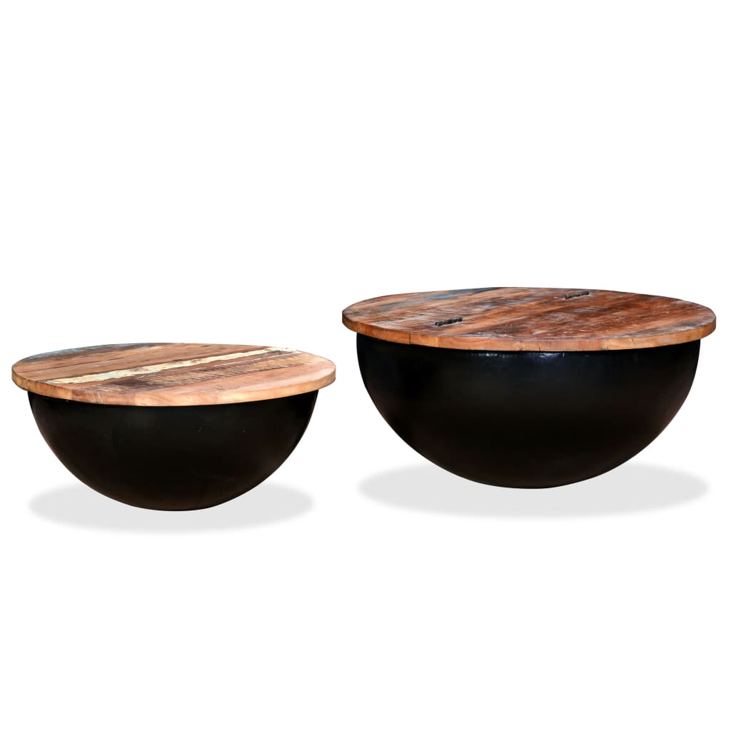 vidaXL コーヒーテーブル2点セット 無垢の再生木材 ブラック ボウル型