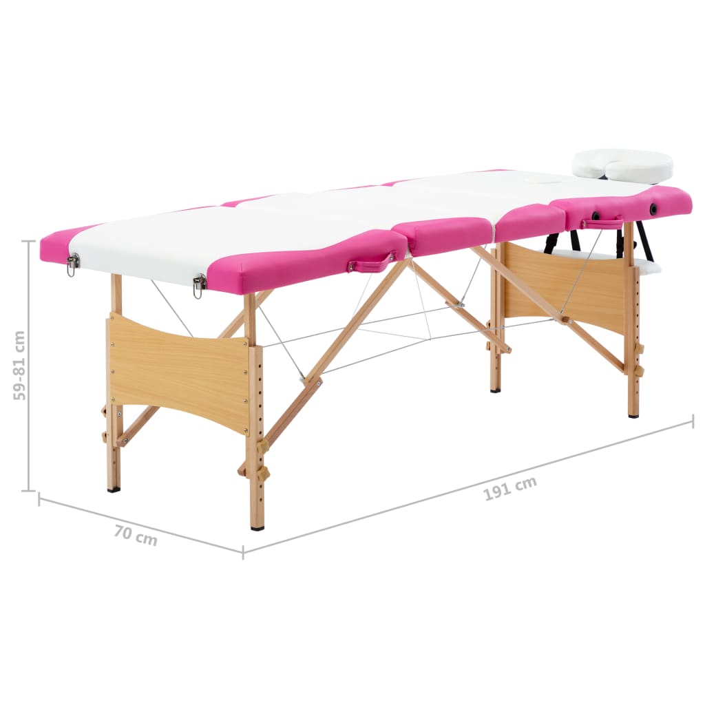 vidaXL 折りたたみ式マッサージテーブル 四つ折り 木製 ホワイト＆ピンク