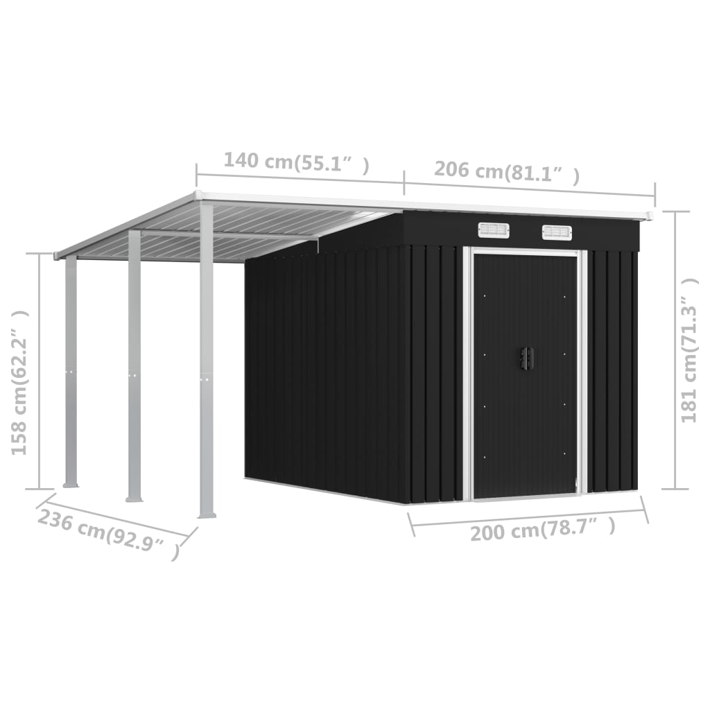 vidaXL ガーデン小屋 拡張屋根付き アントラシート 346x236x181cm スチール製