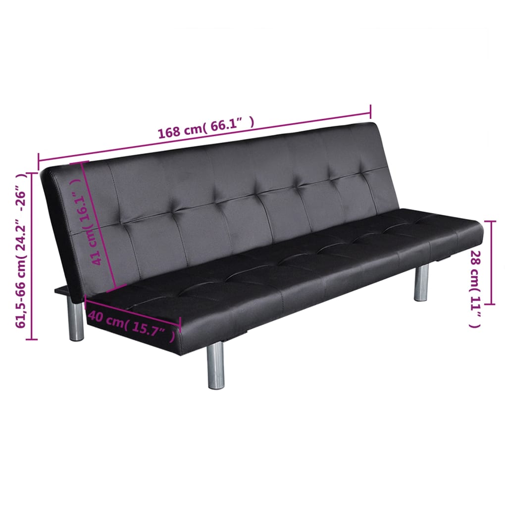 vidaXL ソファベッド 枕2点 合成皮革製 調節可能 ブラック
