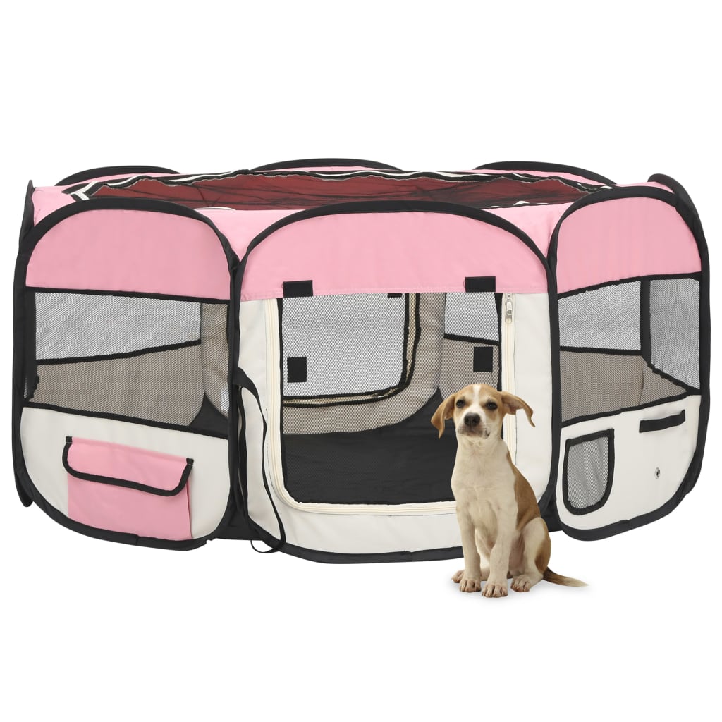 vidaXL 折りたたみ式 犬用プレイサークル キャリーバッグ付き ピンク 145x145x61cm
