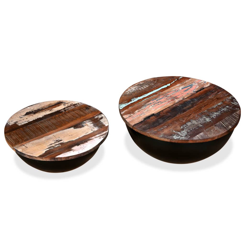 vidaXL コーヒーテーブル2点セット 無垢の再生木材 ブラック ボウル型