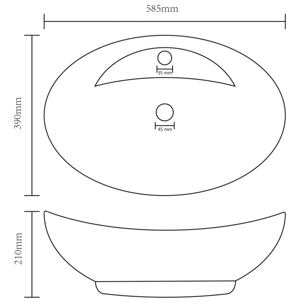vidaXL 洗面器 楕円 オーバーフロー付き マットブラック 58.5x39cm セラミック