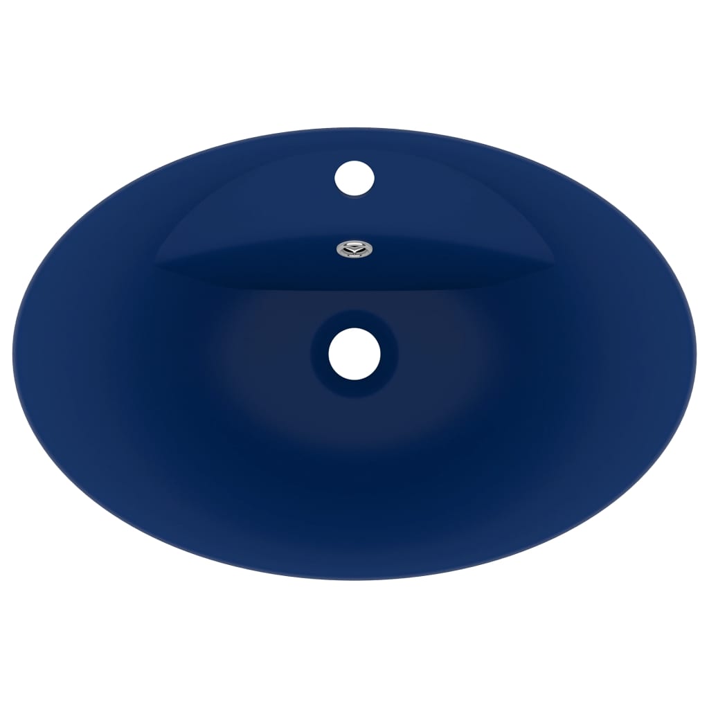 vidaXL ラグジュアリー 洗面器 楕円型 オーバーフロー付き マットダークブルー 58.5x39cm セラミック製