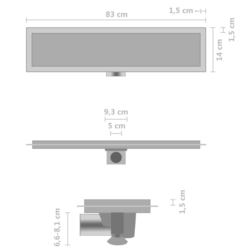 vidaXL シャワー排水口 (2-in-1カバー付き) 83×14cm ステンレススチール製