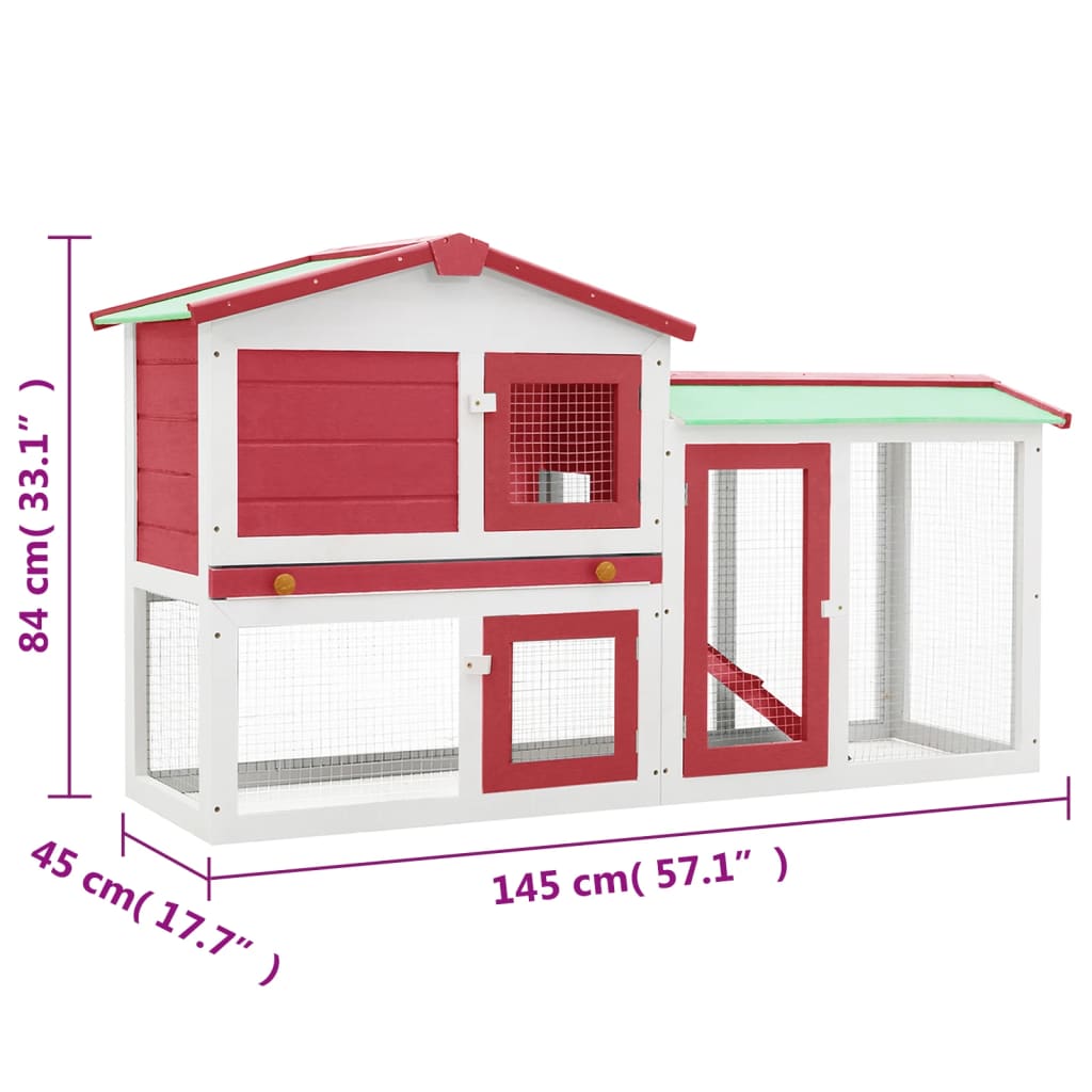 vidaXL 屋外用 大型うさぎ小屋 レッド＆ホワイト 145x45x84cm 木製