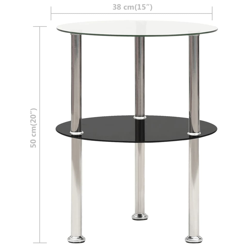 vidaXL 2段 サイドテーブル 透明＆ブラック 38cm 強化ガラス製