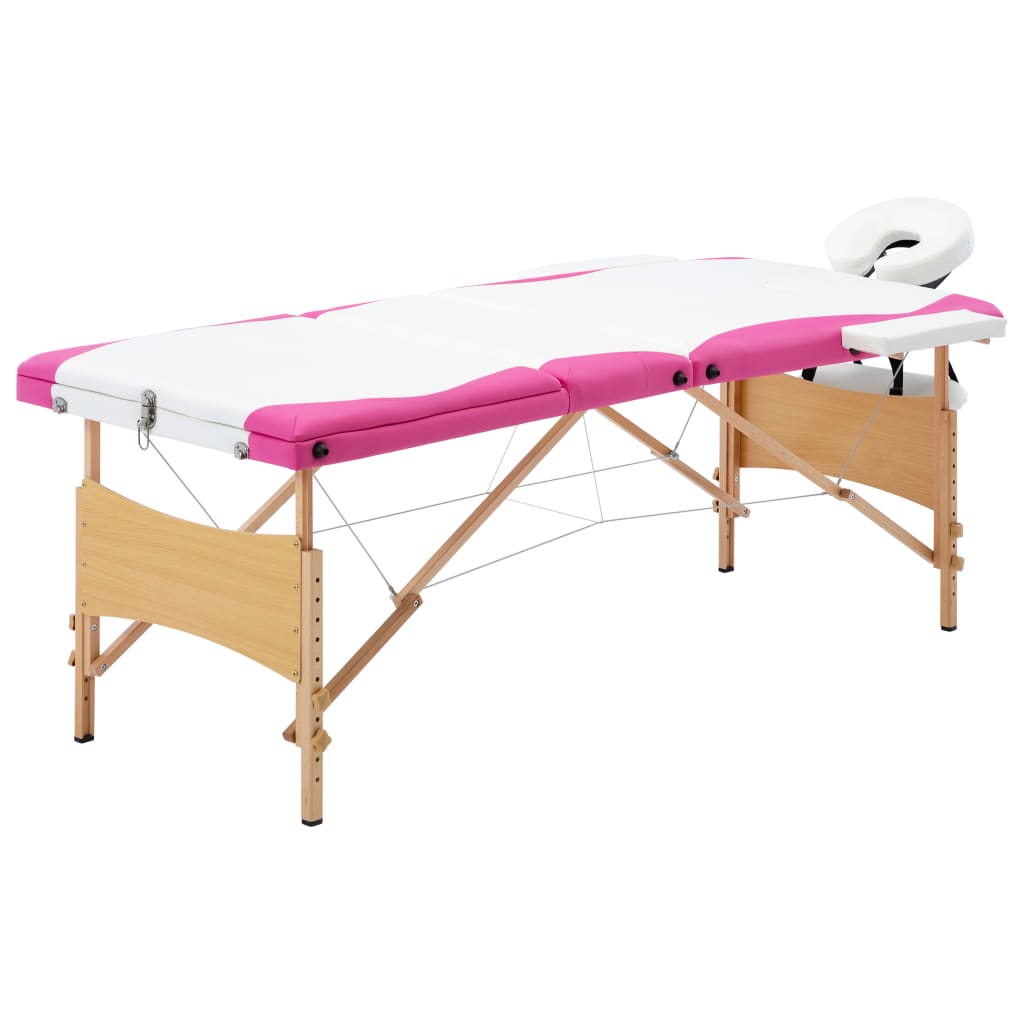 vidaXL 折りたたみ式マッサージテーブル 三つ折り 木製 ホワイト＆ピンク