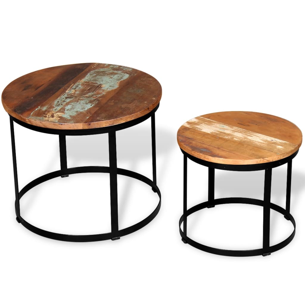 vidaXL コーヒーテーブル 2点セット 無垢の再生木材 丸型 40cm/50cm