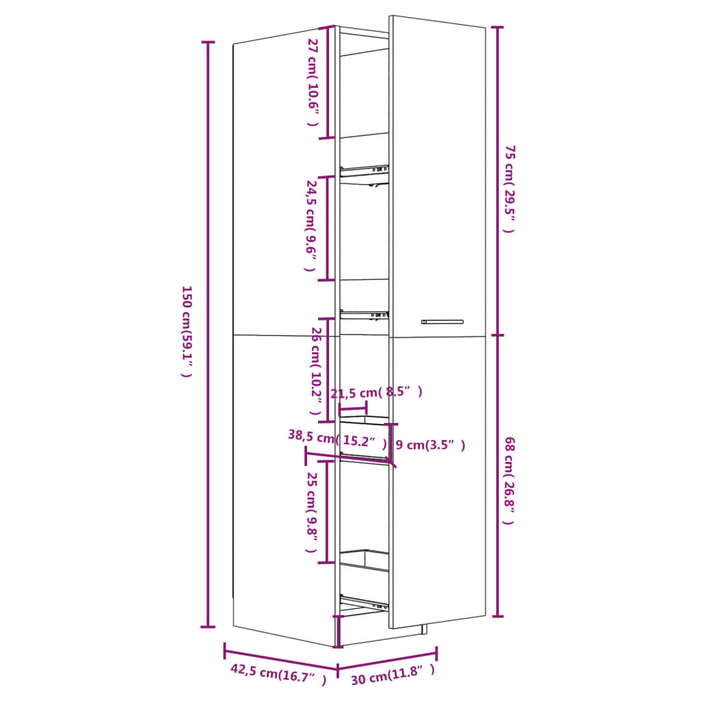 vidaXL アポテカリ―収納キャビネット ブラウンオーク 30x42.5x150 cm エンジニアリングウッド