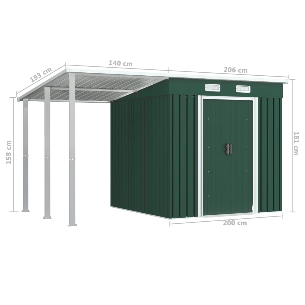 vidaXL ガーデン小屋 拡張屋根付き グリーン 346x193x181 cm スチール製