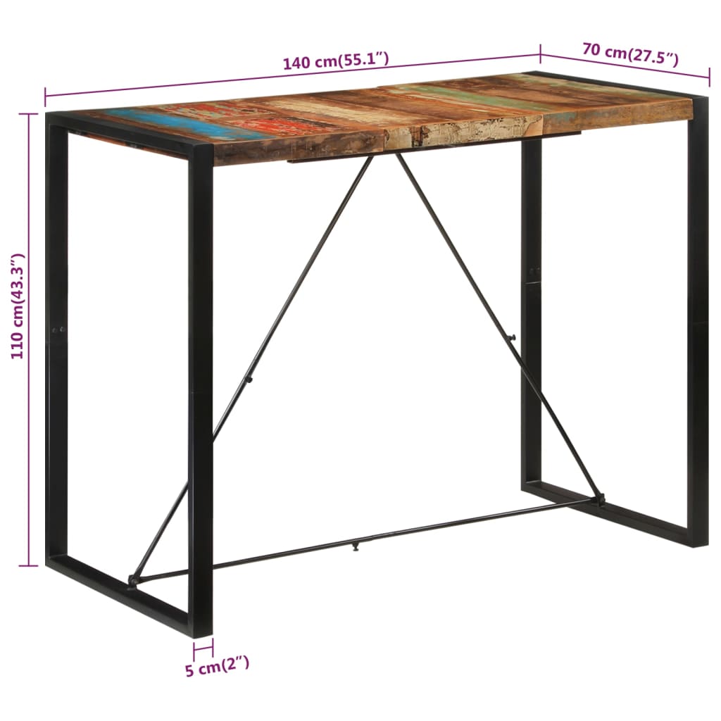 vidaXL バーテーブル 140x70x110 cm 無垢の再生材