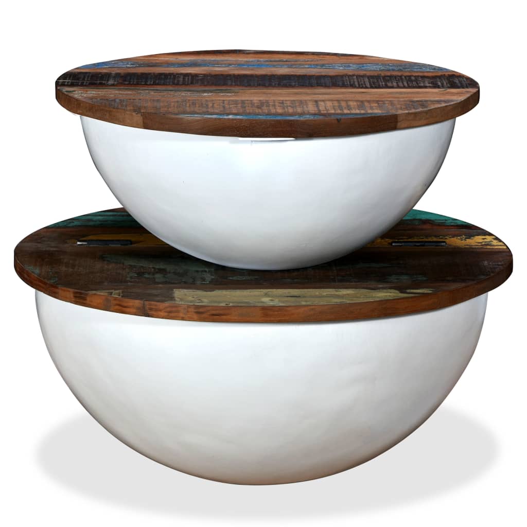 vidaXL コーヒーテーブル2点セット 無垢の再生木材 ホワイト ボウル型