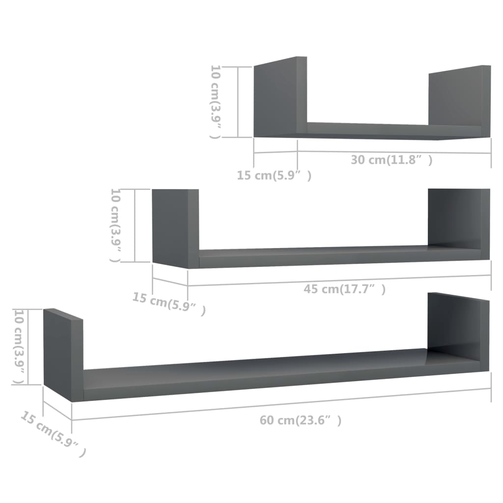 vidaXL 壁用ディスプレイ棚 3個 ハイグロスグレー パーティクルボード