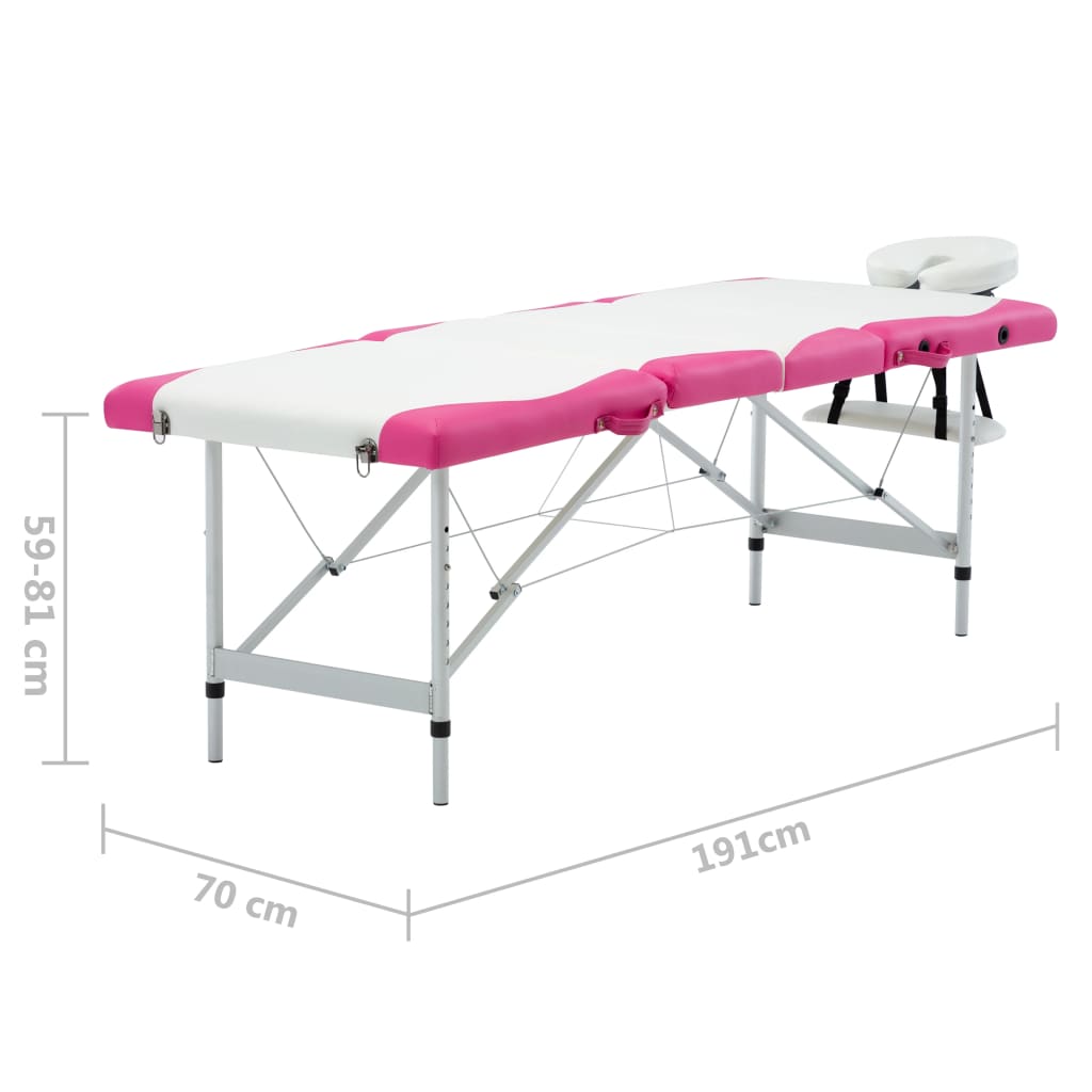 vidaXL 折りたたみ式マッサージテーブル 四つ折り アルミ製 ホワイト＆ピンク