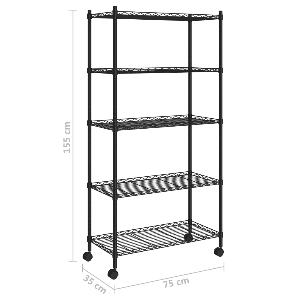 vidaXL 324630 vidaXL 5-Tier Storage Shelf with Wheels 75x35x155 cm Black 250 kg