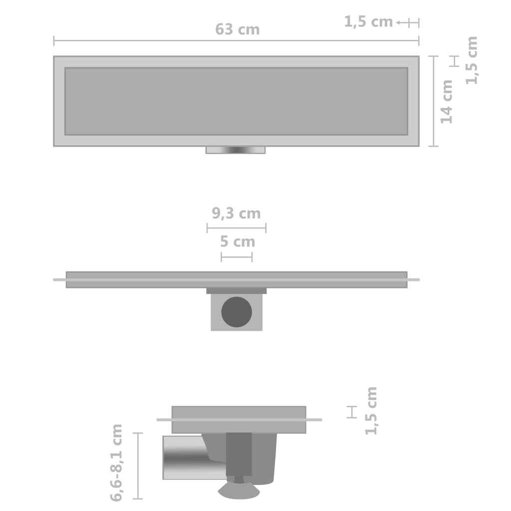 vidaXL シャワー排水口 (2-in-1カバー付き) 63×14cm ステンレススチール製
