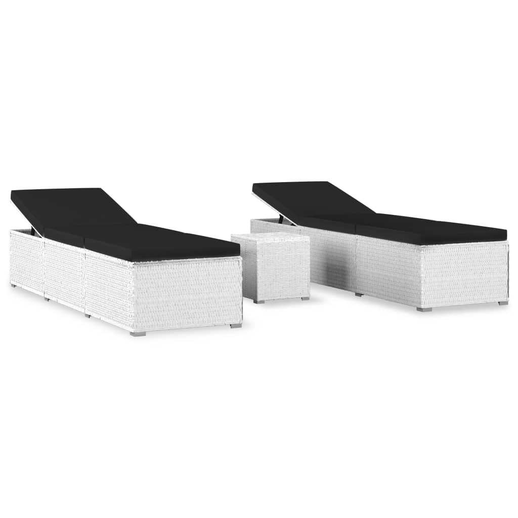 vidaXL サンラウンジャー 3点セット ティーテーブル付き ポリラタン製 ホワイト