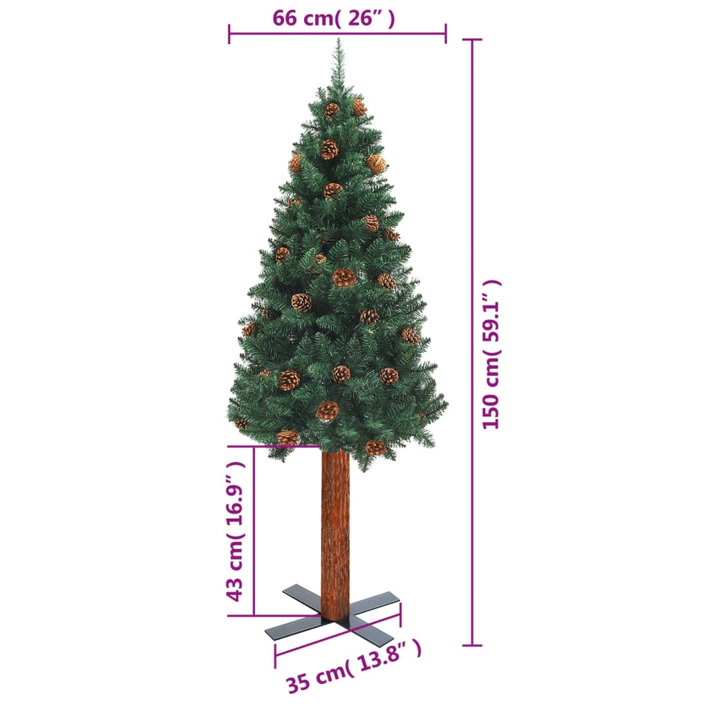 vidaXL スリム型 クリスマスツリー 天然木材＆松ぼっくり グリーン 150cm PVC製