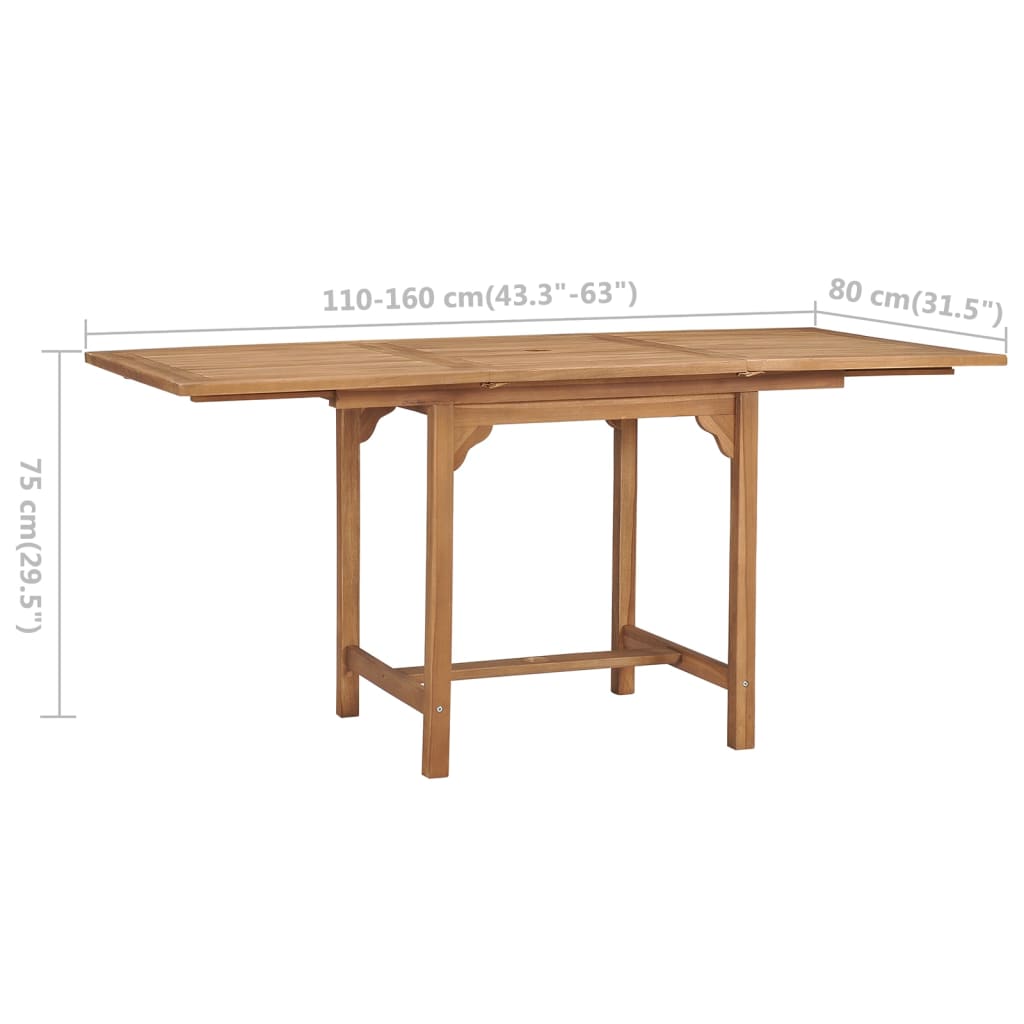 vidaXL 伸長式ガーデンテーブル (110-160)x80x75cm チーク無垢材