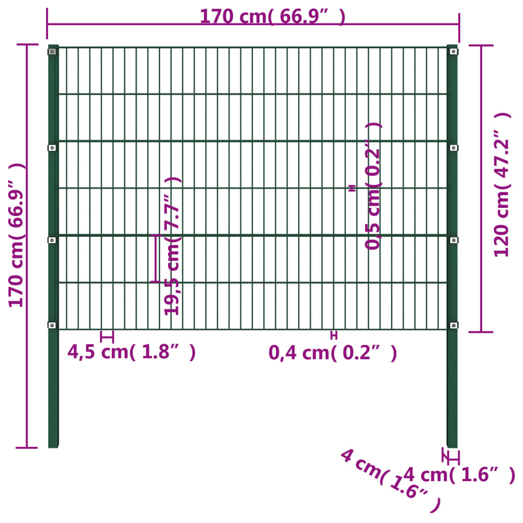 vidaXL フェンスパネル 支柱付き 鉄製 1.7m グリーン