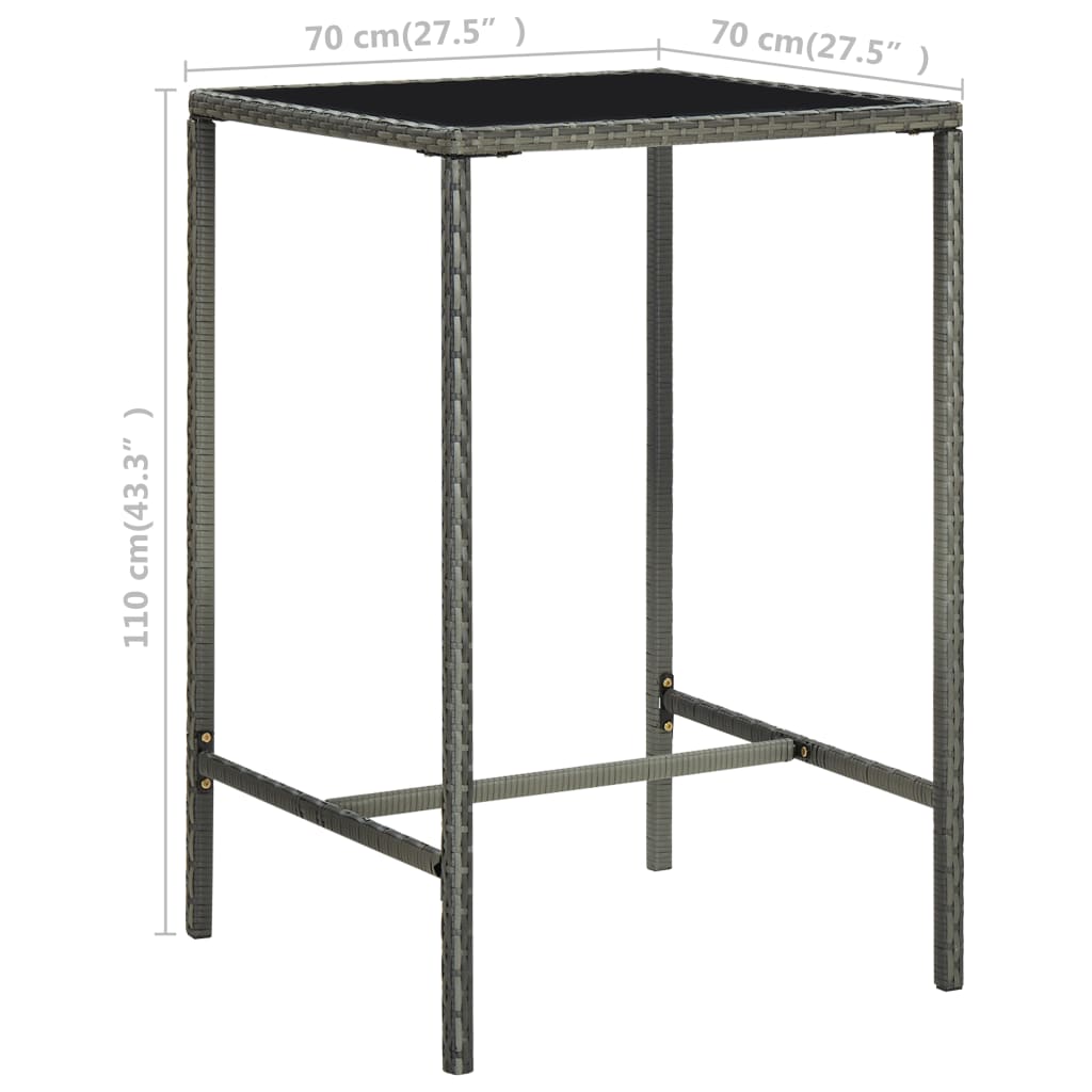 vidaXL ガーデンバーテーブル グレー 70x70x110cm ポリラタン＆ガラス製